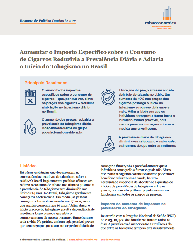 (Policy Brief) Aumentar o Imposto Específico sobre o Consumo de Cigarros Reduziria a Prevalência Diária e Adiaria o Início do Tabagismo no Brasil