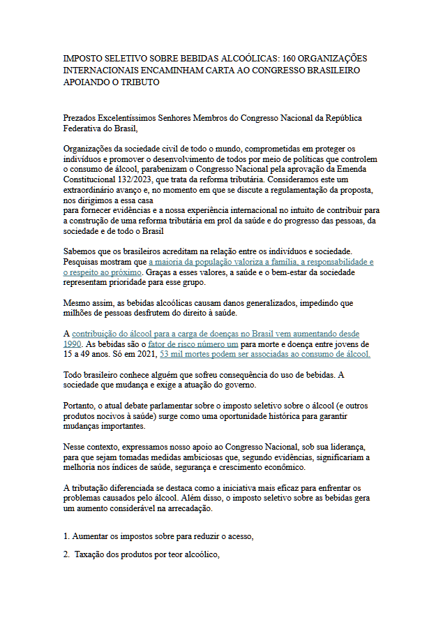 Imposto Seletivo sobre Bebidas Alcoólicas: 160 organizações internacionais encaminham a carta ao congresso brasileiro apioando o tributo