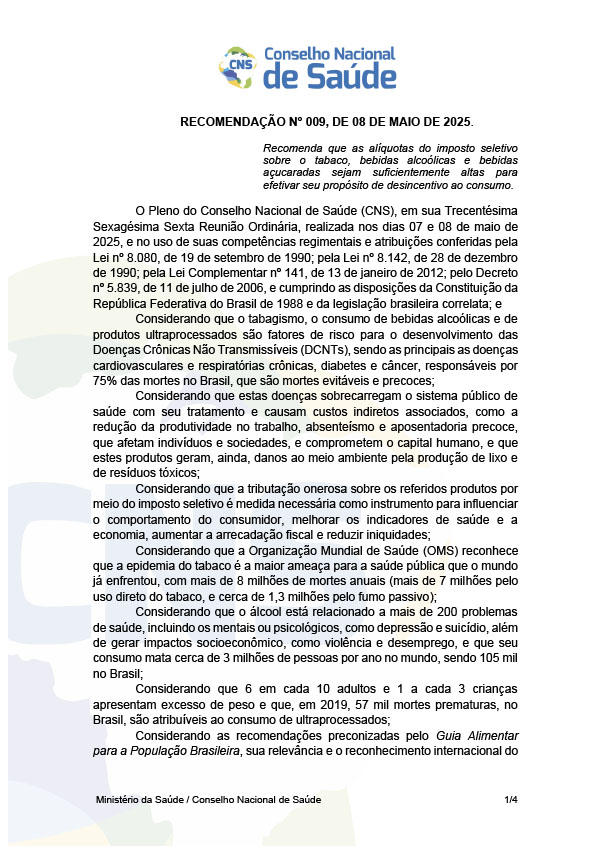 Recomendação do CNS sobre alíquotas do imposto seletivo sobre o tabaco, bebidas alcoólicas e bebidas açucaradas